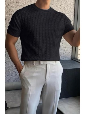 Oksit Kelly Lüks Seri Erkek Slim Fit Saç Örgü Desenli Bisiklet Yaka Kısa Kollu Triko Tişört
