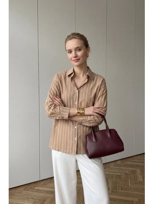 Hiccup Kadın My Fashıon Çizgili Düğmeli Poplin Gömlek Deve Kahvesi