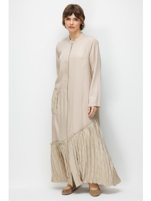 Micca %100 Doğal LyoCELL Maxi Dökümlü Soft Kumaş Kraş Cep ve Alt Bant Detaylı Kap Ferace-Taş