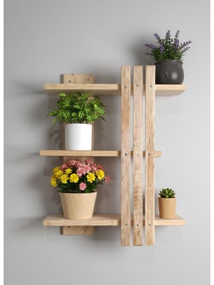 Evdekka Ahşap Dekoratif Masif Ahşap 3 Katlı Duvar Rafı Çiçeklik Kitaplık - Saksı Standı 60X50 cm