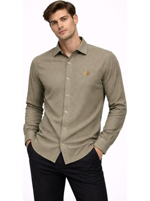 Cococan8 Erkek Haki  Kadife Örme Gömlek Nakışlı Uzun Kol Yumuşak Dokulu