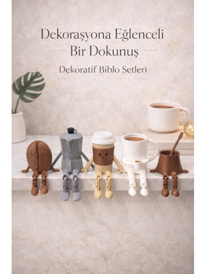Flow Home Dekoratif 5’li Kahve Seti Hareketli Ayaklı Masa Üstü Süsü Raf Dekoru Modern Ev Dekorasyonu Hediye