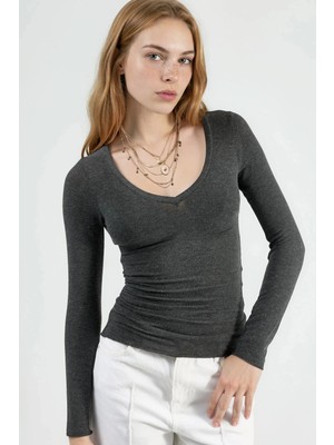 Hiccup Kadın Busem V Yaka Uzun Kol Bluz Koyu Gri