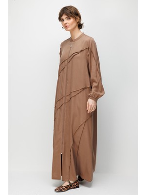 Micca %100 Doğal LyoCELL Maxi Dökümlü Soft Kumaş Aller Ara Diikiş Detaylı Kap Ferace-Kahve