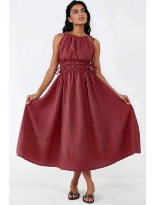 Hiccup Kadınlar BUSEM Büzgü Detaylı Askılı Midi Elbise Tuğla Kırmızısı