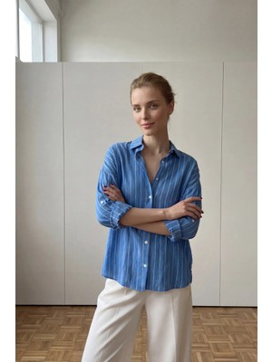 Hiccup Kadın My Fashıon Çizgili Düğmeli Poplin Gömlek Gök Mavisi