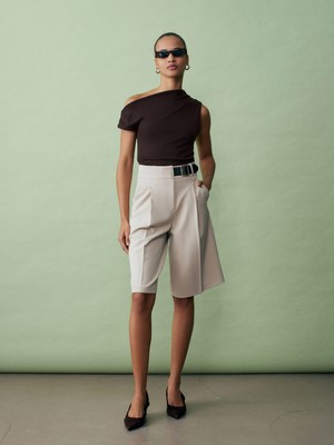 Dilvin 72275 Kemerli Geniş Paça Bermuda-Taş