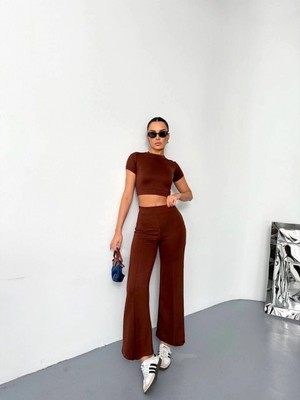 MiraLive Miray- Osy Modal Yumuşak Dokulu Kumaş Kısa Kollu Crop Alt Ispanyol Paça Pantalon Ikili Takım - Kahverengi