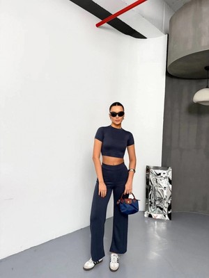 MiraLive Miray- Osy Modal Yumuşak Dokulu Kumaş Kısa Kollu Crop Alt Ispanyol Paça Pantalon Ikili Takım - Füme