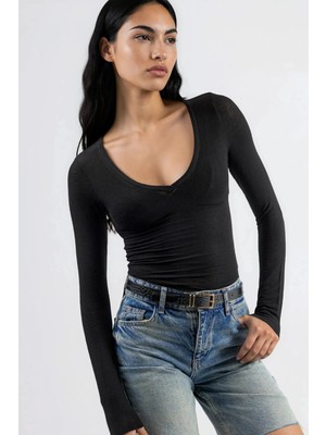 Hiccup Kadın Busem V Yaka Uzun Kol Bluz Siyah