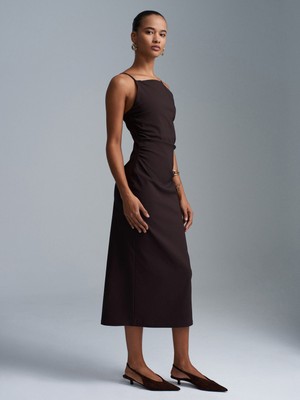 Dilvin 91479 Büzgülü Midi Elbise-Koyu Kahve