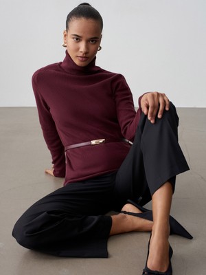 Dilvin 10861 Kaşmir Karışımlı Kemerli Kazak-Bordo