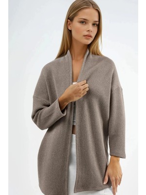 Hiccup Kadın Busem Açık Yaka Ribana Örgü Uzun Hırka Taba Doğal