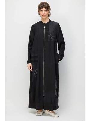 Micca %80 Doğal LyoCELL Dökümlü Soft Hissiyatlı Ara Desen Süslemeli Kap Ferace-Siyah