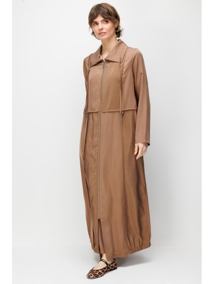 Micca %100 Doğal Lyocell Maxi Dökümlü Soft Kumaş Renk Garnil Spor Detaylı Kap Ferace-Kahve