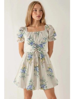 Hiccup Kadınlar BUSEM Çiçek Desenli A Kesimli, Bağlama Detaylı Mini Elbise Krem Doğal