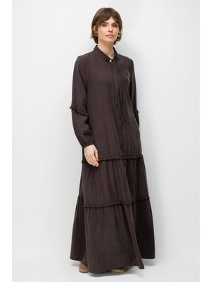 Micca %80 Doğal Lyocell Dökümlü Soft Hissiyatlı  Ara Desen Süslemeli Kap Ferace-Kahve