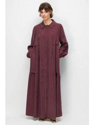 Micca %80 Doğal LyoCELL Dökümlü Soft Hissiyatlı Yaka Aksesuar Garni Detaylı Kap Ferace-Bordo