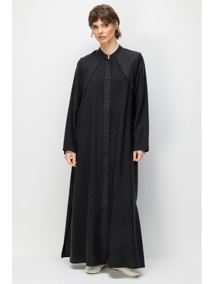 Micca %80 Doğal LyoCELL Dökümlü Soft Hissiyatlı Desen Pat ve Beden Garni Detaylı Kap Ferace-Siyah