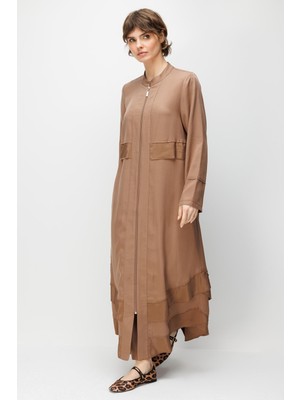 Micca %100 Doğal LyoCELL Maxi Dökümlü Soft Kumaş Aller Bant detaylı Kap Ferace-Kahve