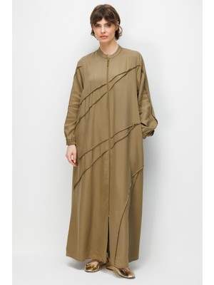 Micca %100 Doğal LyoCELL Maxi Dökümlü Soft Kumaş Aller Ara Diikiş Detaylı Kap Ferace-Haki