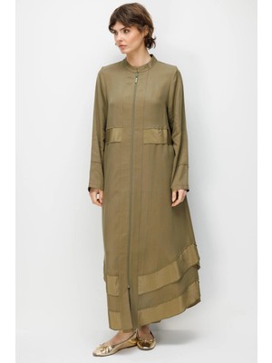 Micca %100 Doğal LyoCELL Maxi Dökümlü Soft Kumaş Aller Bant detaylı Kap Ferace-Haki