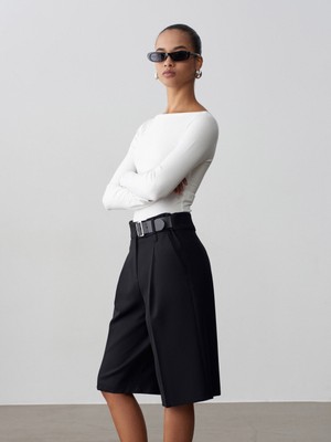 Dilvin 72275 Kemerli Geniş Paça Bermuda-Siyah