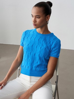 Dilvin 10788 Bisiklet Yaka Dokulu Triko Bluz-Turkuaz