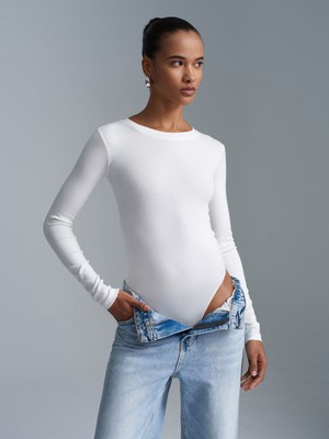 Dilvin 32695 Uzun Kollu Bodysuit-Ekru