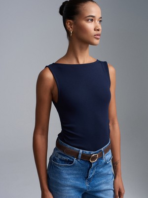 Dilvin 31589 Büzgülü Kayık Yaka Top-K.lacivert