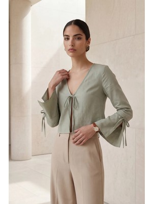 Hiccup Kadın MY FASHION Bağlama Detaylı V Yaka Keten Kısa Gömlek Adaçayı Yeşili