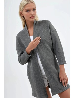 Hiccup Kadın Busem Açık Yaka Ribana Örgü Uzun Hırka Koyu Gri