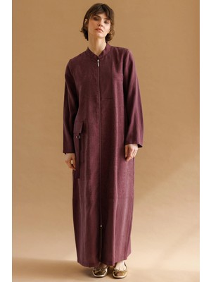 Micca %80 Doğal Lyocell Dökümlü Soft Hissiyatlı  Ara Desen Cep ve Garni Detaylı Kap Ferace-Bordo