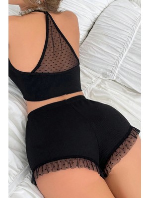 MiraLive Kadın Siyah Kaşkorse Sırt ve Bacak Kısmı Puantiyeli Şortlu Gecelik Takım