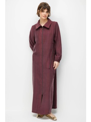 Micca %80 Doğal LyoCELL Dökümlü Soft Hissiyat Yan Cep ve Ön Boy Garni Detaylı Zamansız Ferace-Bordo