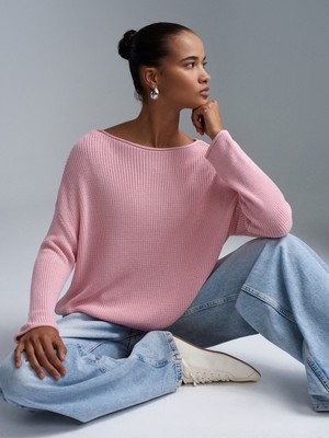 Dilvin 10804 Kayık Yaka Dökümlü Triko Kazak-Toz Pembe