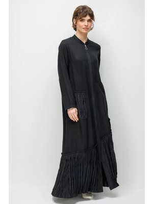 Micca %100 Doğal LyoCELL Maxi Dökümlü Soft Kumaş Kraş Cep ve Alt Bant Detaylı Kap Ferace-Siyah