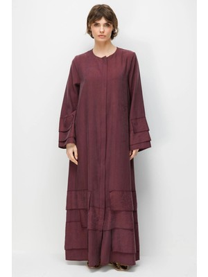 Micca %80 Doğal Lyocell Dökümlü Soft Hissiyatlı Aller Ara Desen Süslemeli Kap Ferace-Bordo