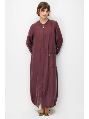 Micca %80 Doğal LyoCELL Dökümlü Soft Hissiyatlı Ara Desen Beden ve Cep Süslemeli Kap Ferace-Bordo