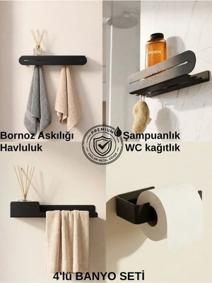 Form Design 4'lü Paslanmaz Banyo Seti Siyah | 4 Parça Havluluk + Şampuanlık + Wc Kağıtlık + Bornoz Askılığı