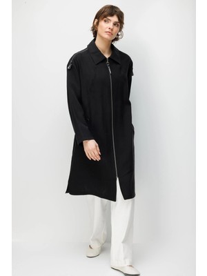 Micca %80 Doğal LyoCELL Dökümlü Soft Hissiyatlı Omuz Fermuar Detaylı Maxi Kap Ferace-Siyah