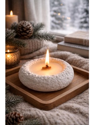 MİNİK ATÖLYE Doğal Dokulu Taş Mumluk – Ahşap Fitilli Dekoratif Mum