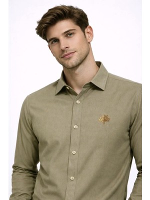 Cococan8  Erkek Haki Kadife Örme Gömlek Nakışlı Uzun Kol Yumuşak Dokulu