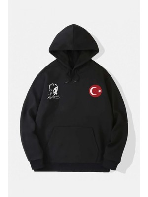 MiraLive Miray- 10 Kasıma Özel Üç Iplik Kapşonlu Baskılı Sweatshirt - Siyah