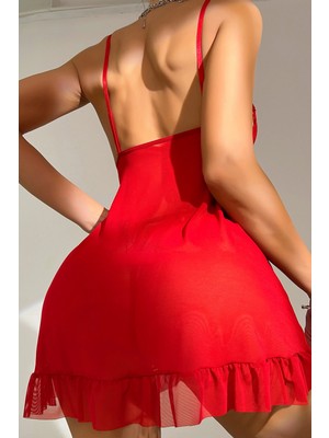 MiraLive Kadın Kırmızı Dantelli, Fırfırlı Tül ve Fiyonk Detaylı Tangalı Gecelik Takımı