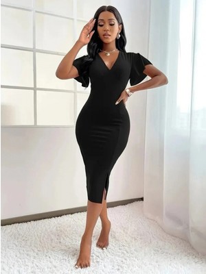 MiraLive Miray- Kadın Kısa Kollu Derin Dekolte V Yakalı Yırtmaçlı Midi Janjan Krep Elbise