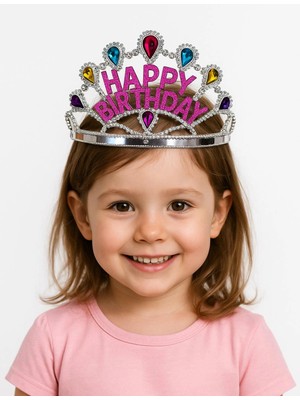 Çerçici Gümüş Renk Happy Birthday Yazılı Doğum Günü Tacı 60 cm