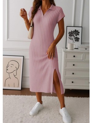 MiraLive Miray- Kadın Kısa Kollu Yakalı Yandan Yırtmaçlı Kalın Fitilli Kaşkorse Elbise