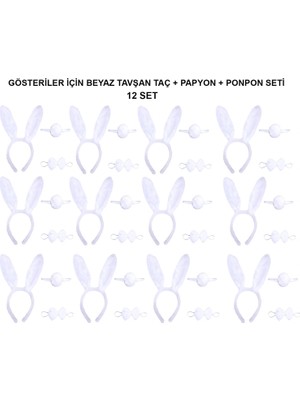 Çerçici Beyaz Tavşan Kostüm Seti – Taç, Papyon, Kuyruk (12’li Paket)
