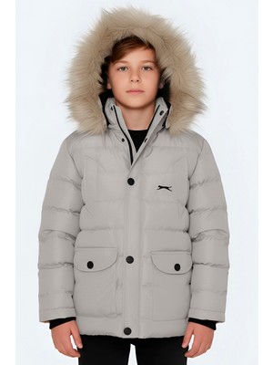 Slazenger Napolı Unisex Çocuk Kapüşonlu Şişme Taş Gri Mont & Kaban